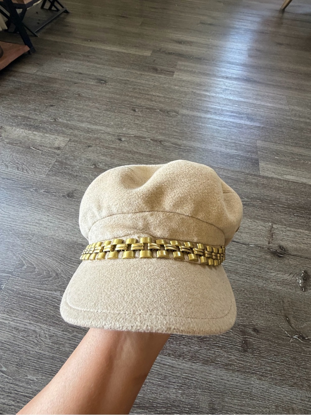 Helen Kaminski Beige Wool Blend Cap with Gold Chain Trim